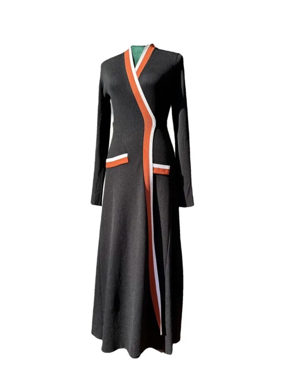 Maje Black Long Ribbed Wrap Dress with Orange Trim